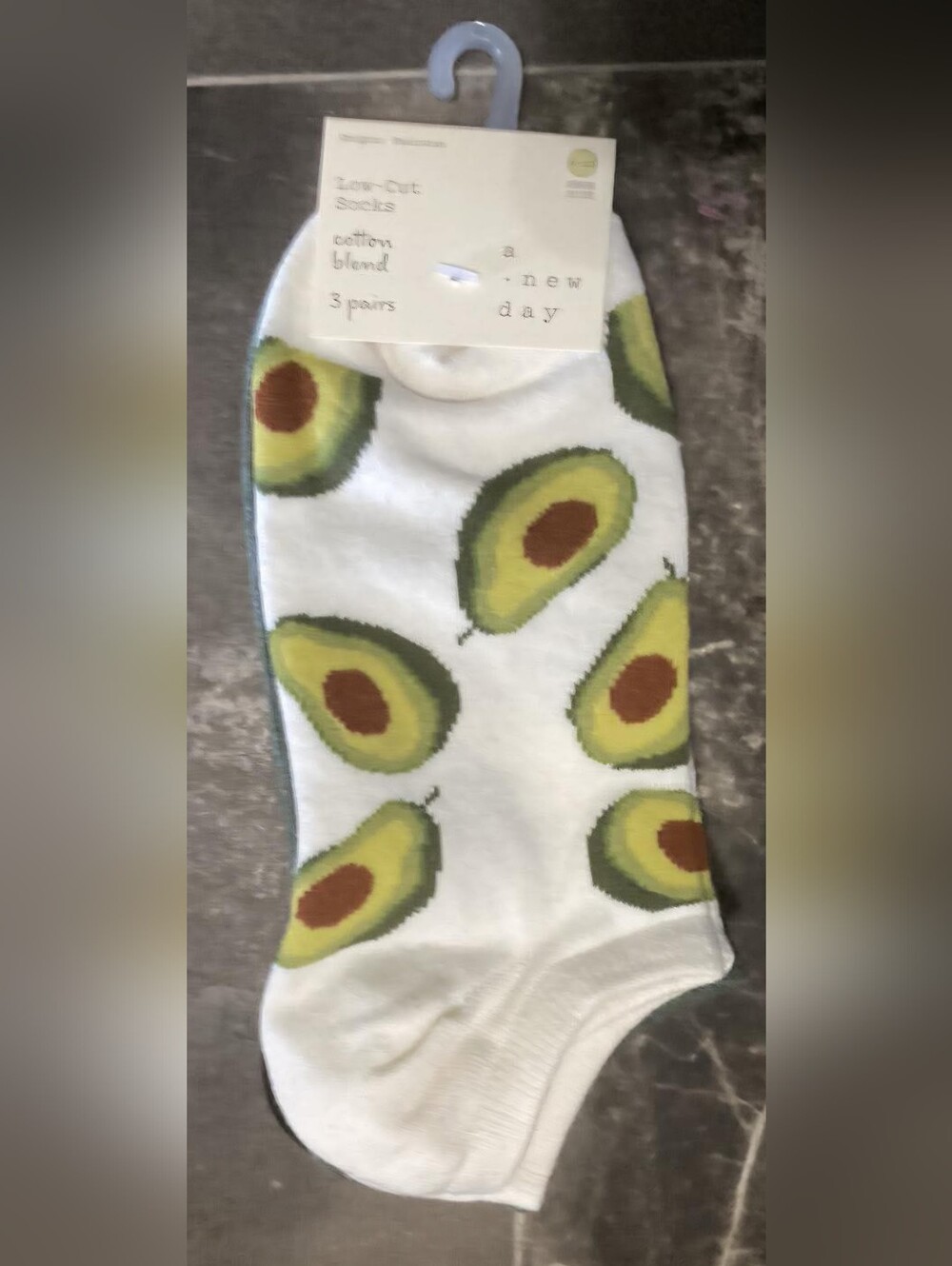 Avocado Print Ankle Socks - White with Green & Brown. You Get 3 ( 3 Packs)